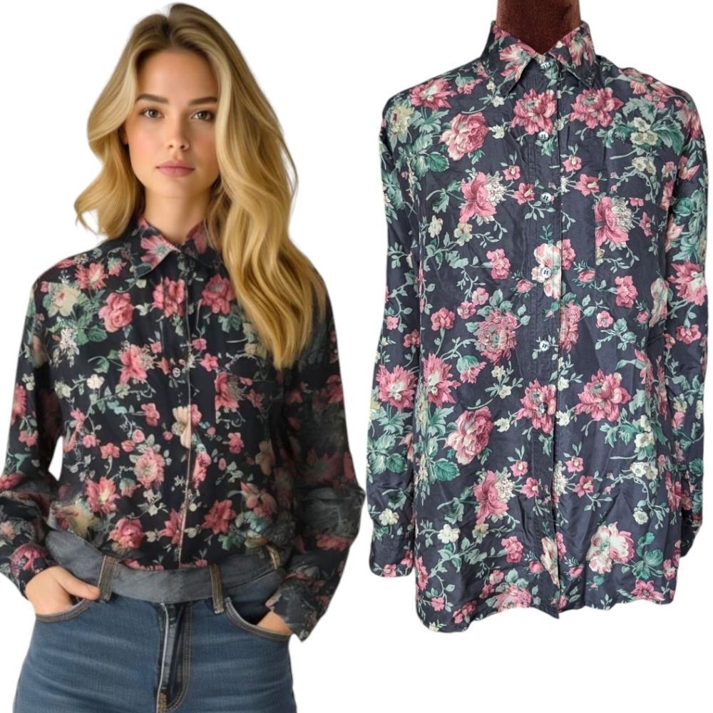 Willow Ridge 💯 silk  Oversized Floral Wild Rose Flowy Button Down Shirt Size S